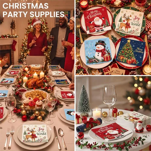 Vista 5 de Faccito 100 Pcs Christmas Napkins, Santa Paper Towel for Winter Holiday 3 Ply Disposable Cocktail Napkins, Merry Christmas Tree, Snowman, Elk, Xmas