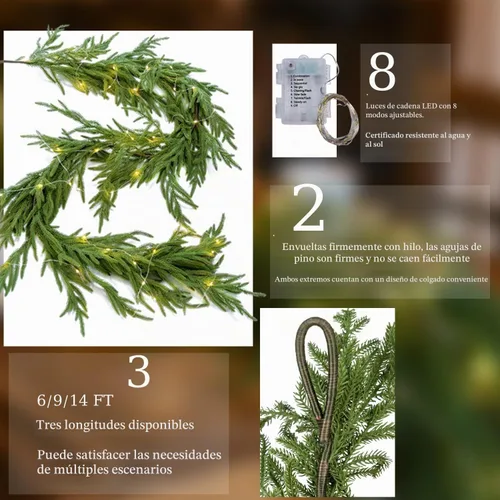 Vista 2 de MISSPIN 6ft Christmas Garland with String Lights, Real Touch Norfolk Pine Garland, Green Artificial Greenery Garland for Table, Mantle, Wall