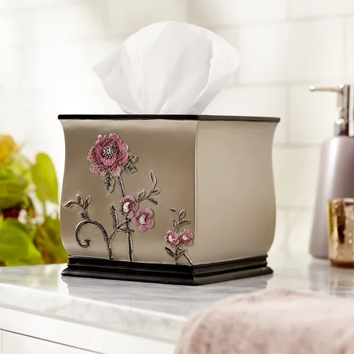 Vista 7 de Popular Bath Caja de pañuelos, colección Larrisa, diseño de rosas, marrón