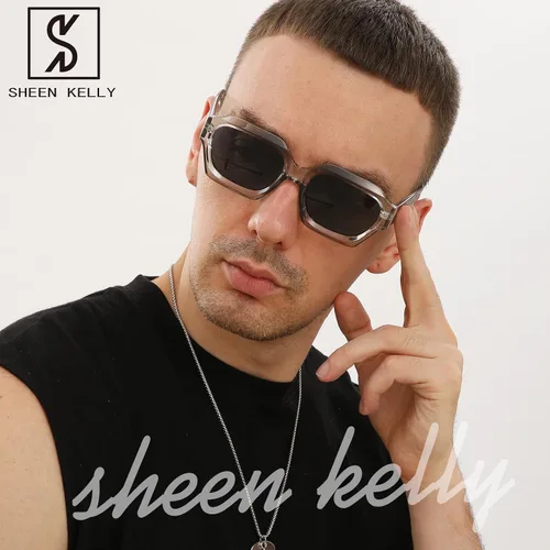 Vista 4 de SHEEN KELLY Gafas de sol hexagonales gruesas retro para hombres y mujeres, de moda, de gran tamaño, cuadradas, gruesas, negras, oscuras, gafas