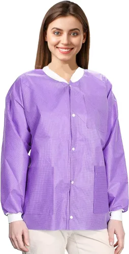 Vista 22 de Paquete de 10 chaquetas desechables de laboratorio, chaqueta médica reutilizable hasta la cadera, unisex, con puños de punto y bolsillos