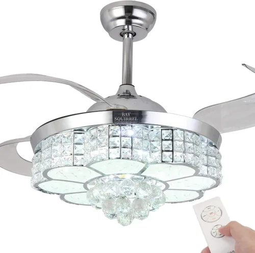 Vista 9 de BAYSQUIRREL Ventilador de techo retráctil de cristal con luz, ventiladores de techo Bluetooth con altavoz y control remoto/APP, 6 velocidades, aspas