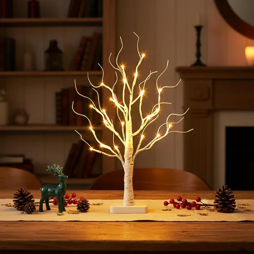 Vista 6 de EAMBRITE Árbol de abedul con luces LED, decoraciones de Navidad para el hogar interior con temporizador, mini lámpara artificial iluminada, árbol