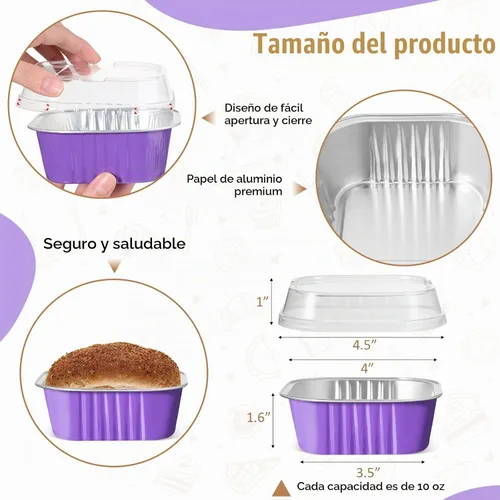 Vista 2 de 50 tazas de papel de aluminio para hornear con tapas, moldes cuadrados de 10 onzas para hornear, moldes desechables con tapas para flans Púrpura
