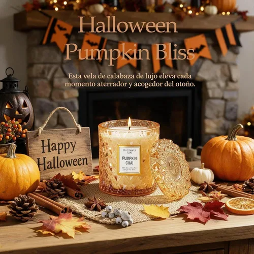 Vista 2 de Chloefu LAN Velas de calabaza Chai para regalo de Halloween, velas de granja para el hogar, tarro de soja perfumado de lujo con hasta 55 horas