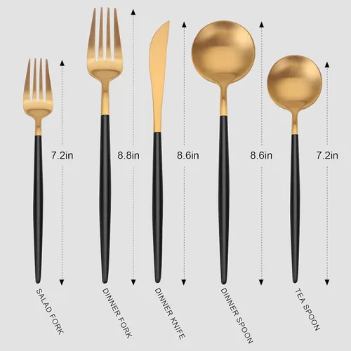 Vista 2 de Vanys - Juego de cubiertos dorados mate con mango negro, juego de cubiertos de acero inoxidable de 20 piezas, juego de utensilios de cocina para 4