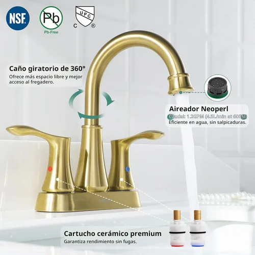 Vista 2 de PARLOS Grifo de lavabo de baño dorado cepillado de 4 pulgadas para tocador Oro cepillado