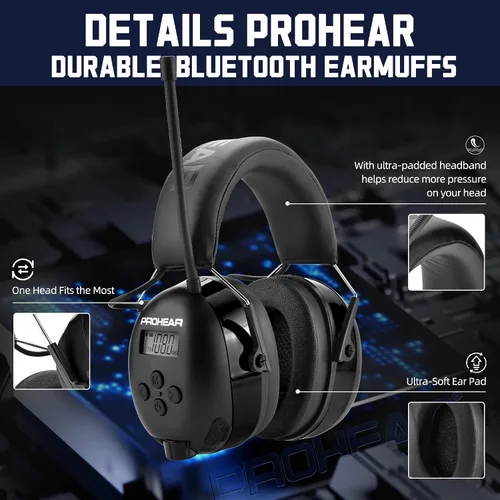 Vista 6 de PROHEAR 033 2.0 Auriculares Bluetooth de Protección Auditiva con Radio AM/FM - Orejeras de Reducción de Ruido 31 SNR, Batería Recargable de 50