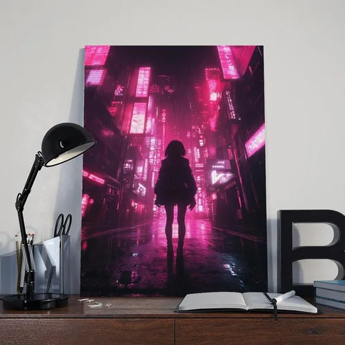 Vista 8 de Arte de pared retro de anime Vaporwave - Impresión de paisaje urbano de neón - Póster Cyberpunk Noir para dormitorio o estudio, decoración de pared