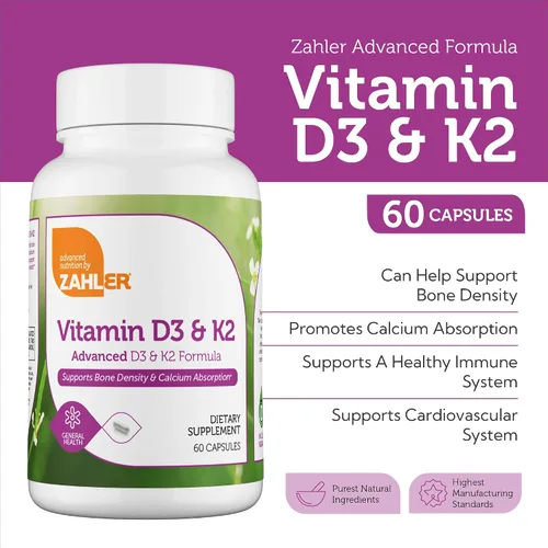 Vista 2 de Zahler Fórmula avanzada de vitamina D3 y K2 D3 y K2 que apoya la densidad ósea y la absorción de calcio, 60 cápsulas.