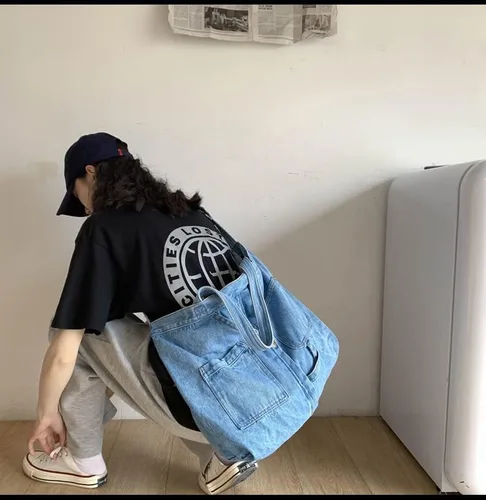 Vista 7 de Bolso bandolera de lona de mezclilla para mujeres y hombres, bolso de mano casual retro estético, bolso cruzado Hobo