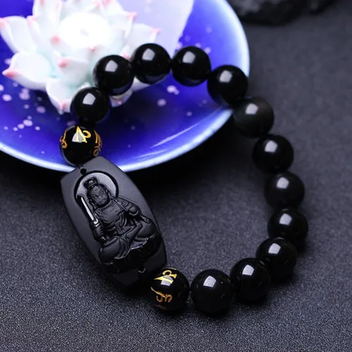 Vista 3 de 100% obsidiana natural pura inamovible Bodhisattva Buda pulsera pulsera