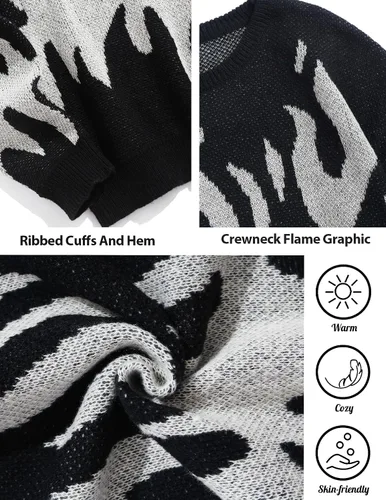 Vista 119 de ZAFUL Y2K - Suéter casual con estampado de llama estética para hombre, suéter de punto holgado, manga larga, cuello redondo
