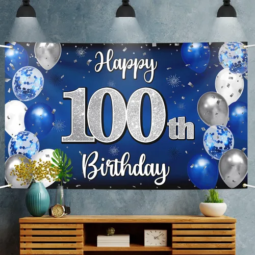 Vista 5 de Decoración de feliz cumpleaños número 100, globo azul y plateado grande cartel de fondo de cumpleaños de 100 años - Suministros para fiesta