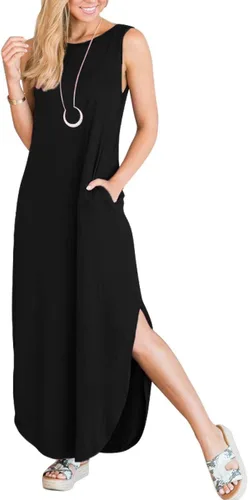 Vista 5 de ANRABESS - Vestido largo, informal y holgado para mujer, sin mangas, con bolsillos y abertura, para playa