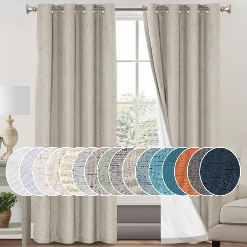 Vista 77 de Cortinas con textura de lino 100% opacas de 64 pulgadas de largo, juego de 2 paneles de cortinas de lino opacas con forro aislante térmico que Arena