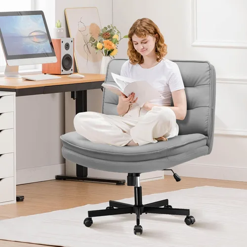 Vista 8 de GTPLAYER Silla de oficina con patas cruzadas con ruedas, silla de escritorio extra ancha sin brazos cómoda para el hogar y dormitorio, cojín de 2
