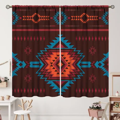 Vista 38 de Cortinas con patrón geométrico tribal, estilo suroeste, azteca, rústico, occidental, nativo americano, opacas, con bolsillo para barra, decoración