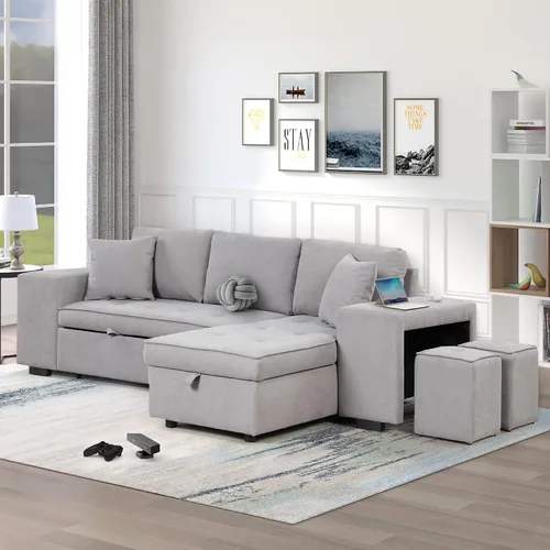 Vista 12 de Sofá cama modular de 104 pulgadas con diván de almacenamiento y taburetes para sala de estar, moderno sofá cama extraíble de 3 asientos