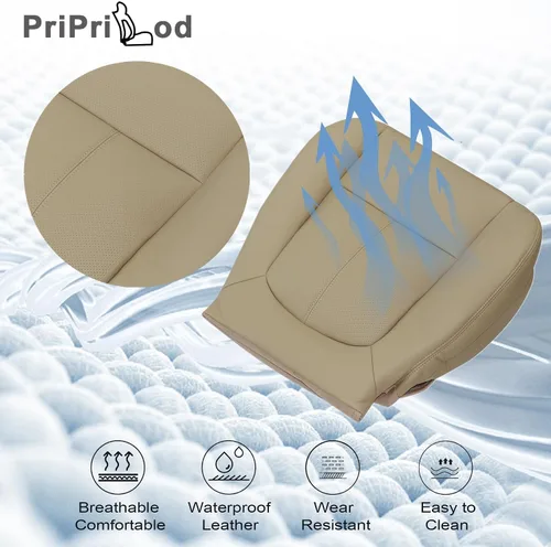 Vista 4 de Priprilod Funda de Asiento de Reemplazo de Microfibra de Cuero Perforada Color Marrón Claro para Conductor y Pasajero, con Respaldo Reclinable
