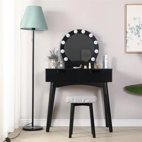 Vista 6 de Tocador, mesa de maquillaje, muebles de dormitorio, tocador con espejo LED con taburete de maquillaje, escritorio liso, tocador de maquillaje Negro