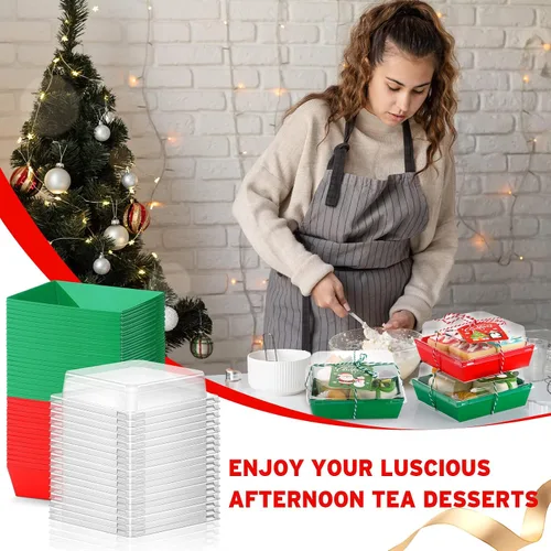 Vista 2 de Yaomiao 50 piezas de cajas de charcutería de Navidad con cuerdas y tarjetas, caja de comida de Navidad con tapas transparentes, contenedores