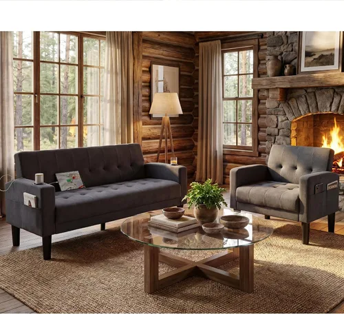 Vista 14 de TYBOATLE Sofá Loveseat de 62" de ancho con 2 puertos de carga USB y 2 portavasos, asiento de amor pequeño capitoné de cuero sintético negro