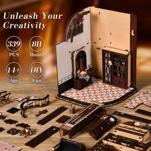 Vista 3 de Kit de casa en miniatura, rompecabezas de madera 3D para adultos, kit de rincón de libro con luz LED táctil, inserto de estantería de biblioteca