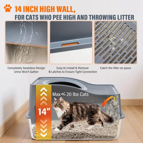 Vista 3 de Caja de arena para gatos de entrada superior con tapa, caja de arena cerrada de acero inoxidable para gatos, caja de arena de metal grande con carga