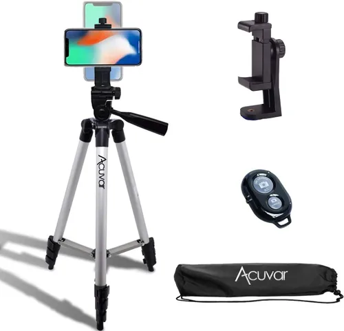 Vista 9 de Acuvar Trípode de teléfono de 50 pulgadas con soporte giratorio, filmación vertical y horizontal para iPhone y Android, trípode ligero de aluminio