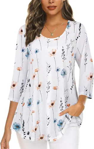 Vista 18 de Tencole Camisas de manga 3/4 para mujer Blusas tipo túnica elegantes Ropa casual con floral Aguamarina Beige