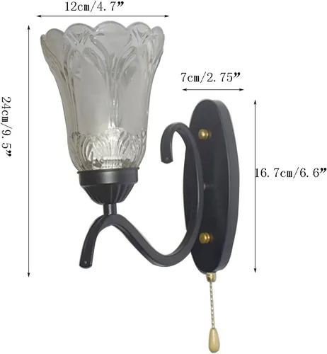 Vista 2 de Lámpara de pared con interruptor de cadena de tracción E27, lámpara de noche para dormitorio, sala de estar, pantalla de vidrio de metal, moderna