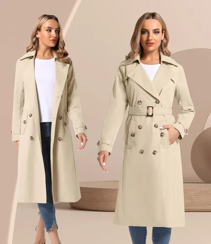 Vista 7 de poonyfesh Gabardina larga impermeable resistente al viento para mujer clásica con solapa de doble botonadura con capucha extraíble