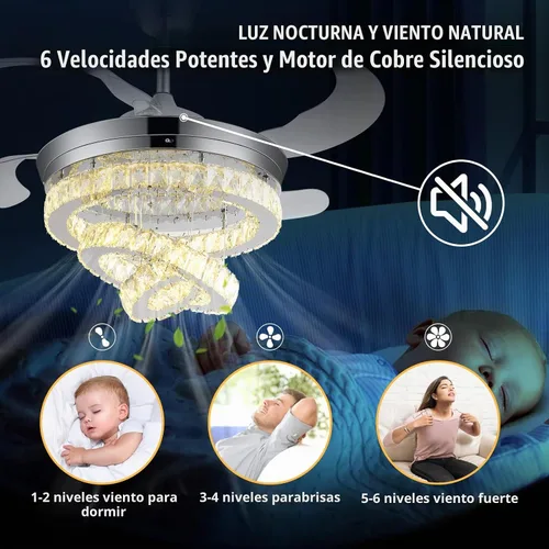 Vista 4 de Ventilador de techo de cristal de 42 pulgadas con luces, moderno ventilador de techo con control remoto, ventilador de techo retráctil invisible