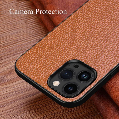 Vista 4 de Funda de cuero para iPhone 14/14 Plus/14 Pro/14 Pro Max, piel auténtica de lujo, ajuste delgado, ligera, antideslizante, a prueba de golpes, funda