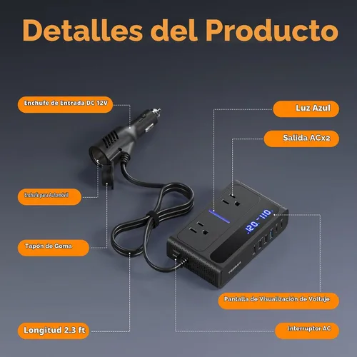 Vista 6 de Inversor de corriente del coche de TESSAN 200W, 36W USB C cargador de coche adaptador de carga rápida Converter with 2 AC Outlets & 6 USB Ports