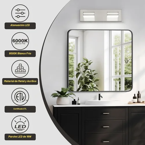 Vista 4 de OKELI - Lámpara de tocador de baño de 2 luces, níquel cepillado, moderna, lámpara frontal para espejo, para baño, escaleras, pasillo, regulable