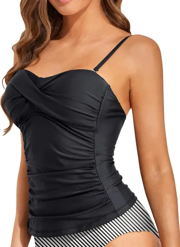 Vista 5 de Holipick Top de tankini para mujer con frente torcido, traje de baño bandeau, control de abdomen, traje de baño solo arriba, sin parte de abajo Negro