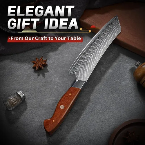 Vista 6 de TIJERAS Cuchillo de chef japonés, cuchillo de cocina Santoku de Damasco, 7 pulgadas, Damasco de 67 capas, cuchillos de chef profesionales afilados
