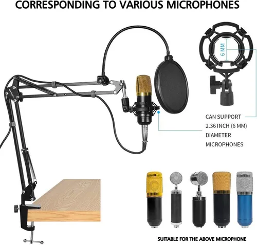 Vista 2 de Soporte de micrófono para Blue Yeti, soporte de micrófono de tijera Quadcast con brazo de boom, parabrisas y filtro pop de pantalla doble capa