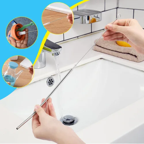 Vista 6 de Juego de 5 cepillos de limpieza de botellas, cepillo de limpieza con mango de acero inoxidable de 35.56 cm de largo y 3 cepillos para pajitas