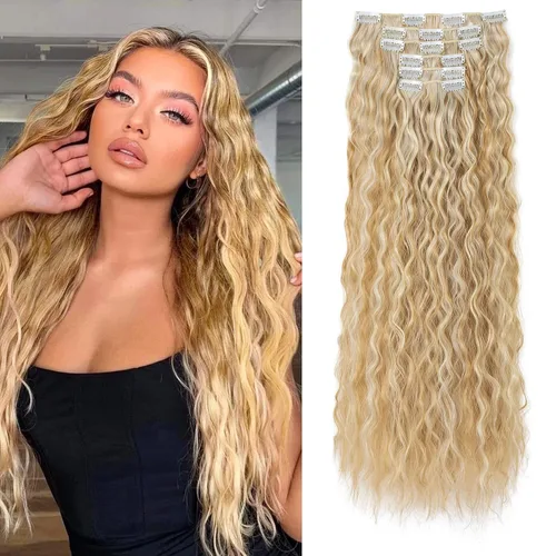 Vista 13 de Flufymooz - Extensiones de cabello con clip, 6 unidades, extensiones de cabello largas con ondas de sirena, sintético, postizo para mujer, 24 Marrón