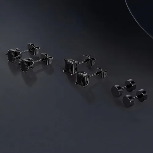 Vista 6 de 3 pares de aretes hipoalergénicos de circonita cúbica negra para hombres y mujeres, chapados en oro, cuadrados y redondos, aretes para orejas