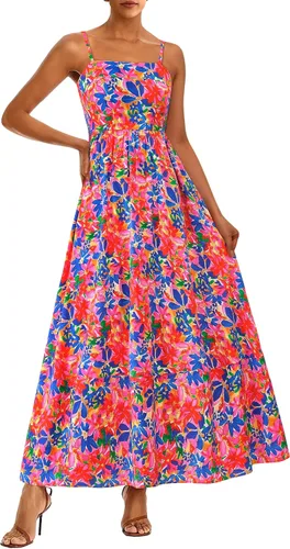 Vista 7 de PRETTYGARDEN Vestido largo de verano para mujer, con tirantes delgados, bohemio, floral, a rayas, para invitadas de boda, playa, vacaciones, vestido
