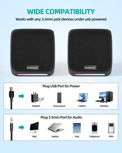 Vista 3 de Uakinat Altavoces de Computadora, Altavoces de Computadora para PC de Escritorio, Altavoces de Escritorio, Pequeños Altavoces de Computadora USB