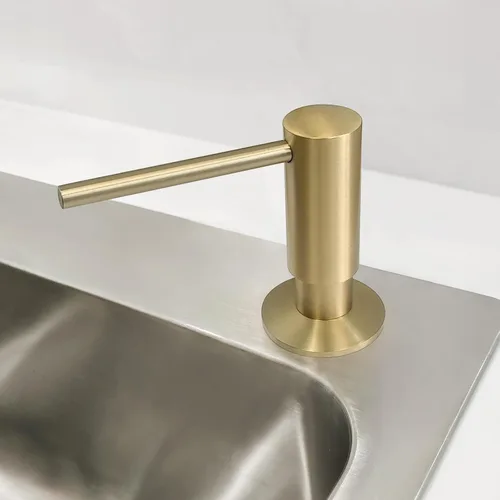 Vista 2 de EADOT Dispensador de jabón incorporado con cabezal de bomba de latón para fregadero de cocina en oro cepillado con recarga de botella de jabón de 17