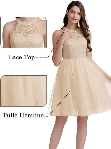 Vista 2 de Dressystar - Vestido corto de fiesta con escote halter para mujer, vestido de graduación de tul y encaje
