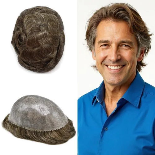 Vista 443 de Toupee para hombre 100% cabello humano real tupé para hombres 0.004 in piel de poliuretano para hombre, sistema de reemplazo de piezas de pelo