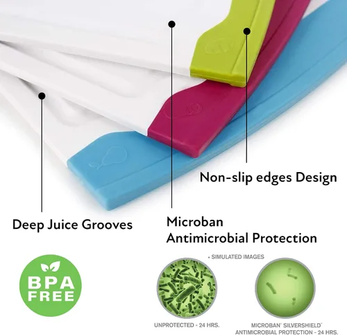 Vista 3 de Tabla para cortar Neoflam Poly con protección antimicrobiana Microban, verde, 17" x 12" (43.18 cm x 30.48), Conjunto codificado, blanco/multicolor