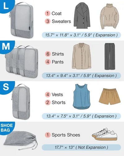 Vista 9 de BAGSMART Juego de 6 cubos de embalaje de compresión para maletas, cubos de viaje de compresión y organizador de maletas para empacar con bolsa